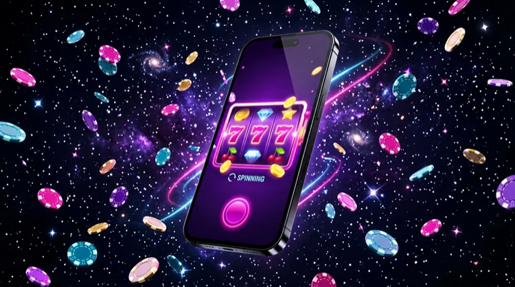 Premium smartphone met kleurrijk casinospel op het scherm en zwevende fiches en sterren.