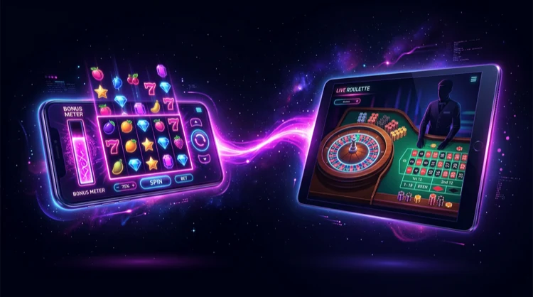 Smartphone met slotspel en tablet met live roulette, verbonden door een neonstraal.