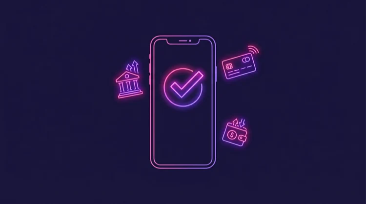 Telefoon met bevestigingsvinkje en betaaliconen: snelle mobiele stortingen en uitbetalingen.