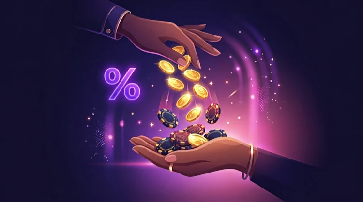 Hand die munten en een chip teruggeeft met procentteken: wekelijkse cashback.