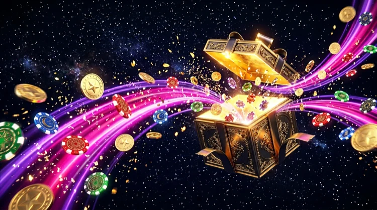 Open gouden geschenkdoos met lichtstralen, munten en casinochips: welkomstbonus.