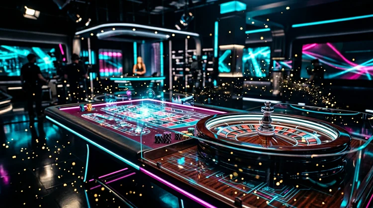 Premium live casino-sfeer met roulette, gloedlicht en magenta- en cyaanreflecties.