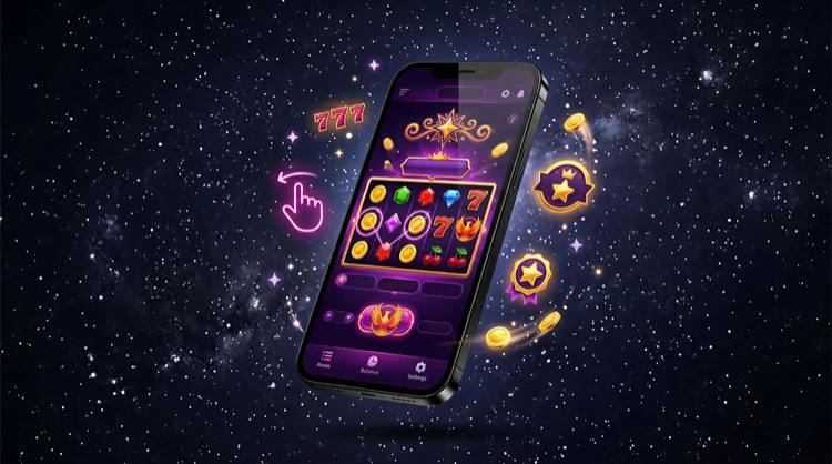 Smartphone met kleurrijk casinospel op het scherm en zwevende bonus- en gebare-iconen.