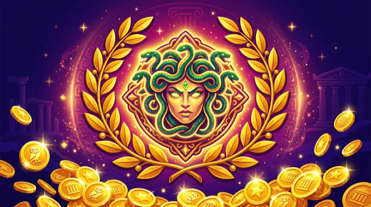 Stylized slot thumbnail: mythologisch Grieks thema met gouden munten en lauwerkrans op donkerindigo.