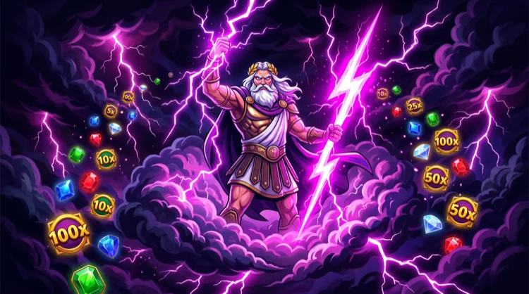 Stylized slot thumbnail: stormwolken, bliksemschichten en edelstenen in magenta en violet.