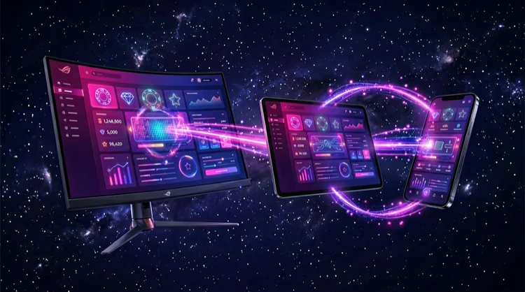 Desktop, tablet en smartphone met hetzelfde casinodashboard, verbonden door lichtstralen.