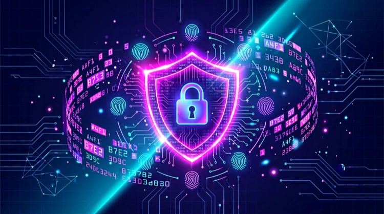 Schild met hangslot, vingerafdruk en abstracte 2FA-codes: accountbeveiliging en encryptie.
