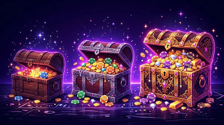 Drie oplopende schatkisten met munten en fiches, symbool voor drie stortingsbonussen bij FunBet.