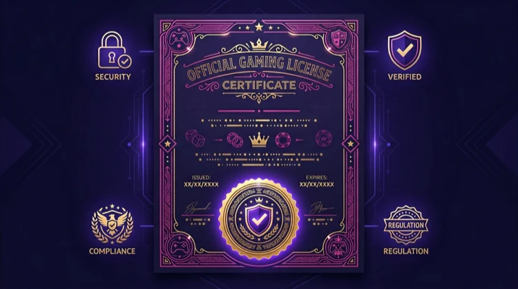 Illustratie van een officiële licentiedocumentstijl met gouden zegel en beveiligingssymbolen.