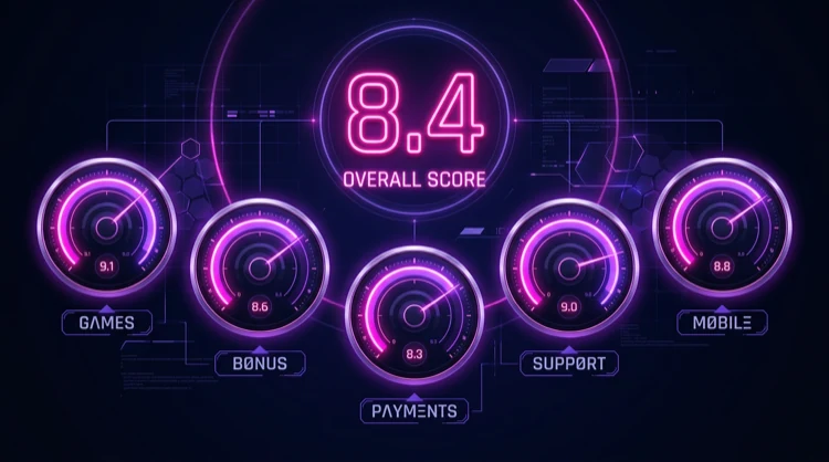 Scorecard voor de FunBet review met meters voor spellen, bonus, betalingen, support en mobiel en eindcijfer 8,4.