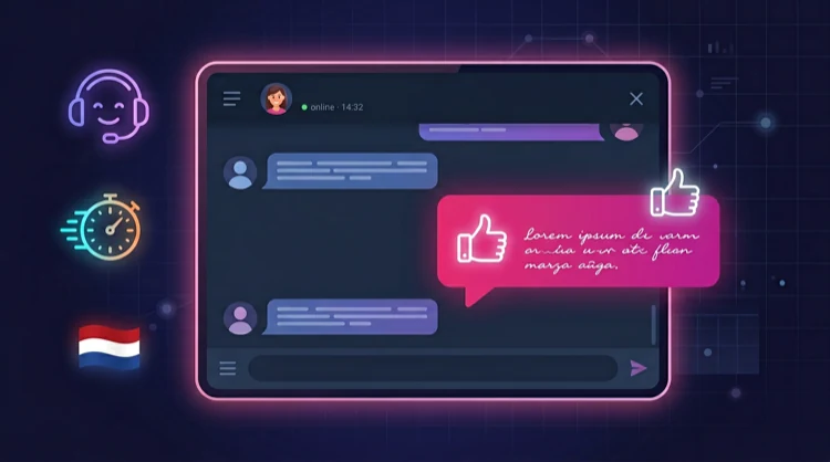 Klantenservice-chat op donker scherm met duim omhoog, klok, Nederlandse vlag en headset.